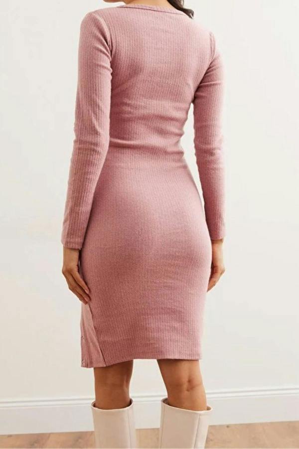 Hoxton Gal Brushed Stretch Dress with Button Details and Slit