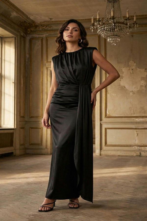 Nadia Sleeveless Gathered Maxi Dress With Drape - Black