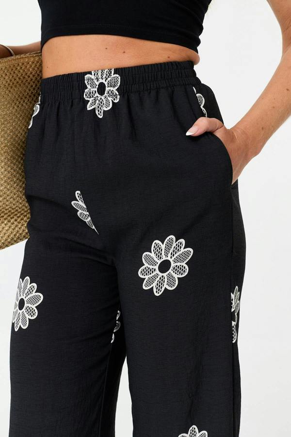 Black | Floral Border Print Wide Trousers