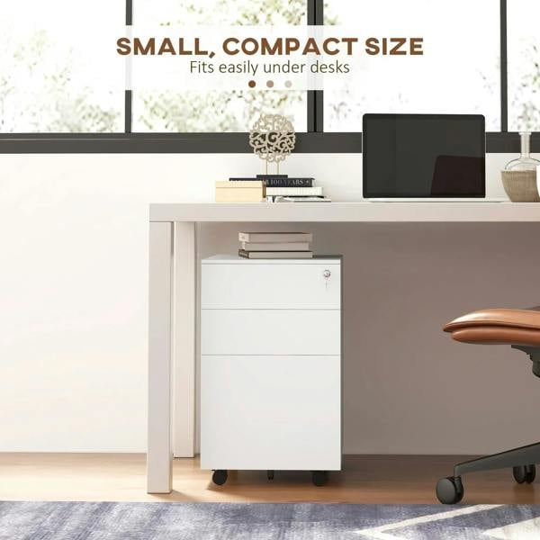 White compact rolling filing cabinet under a desk on wheels