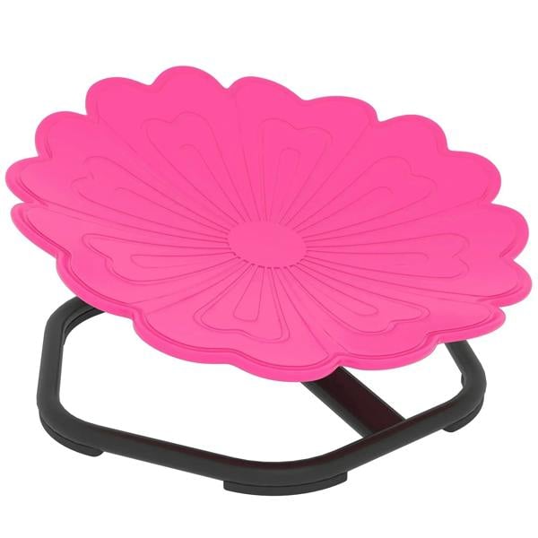 Pink flower-shaped sensory spinning chair with black non-slip base and pedals