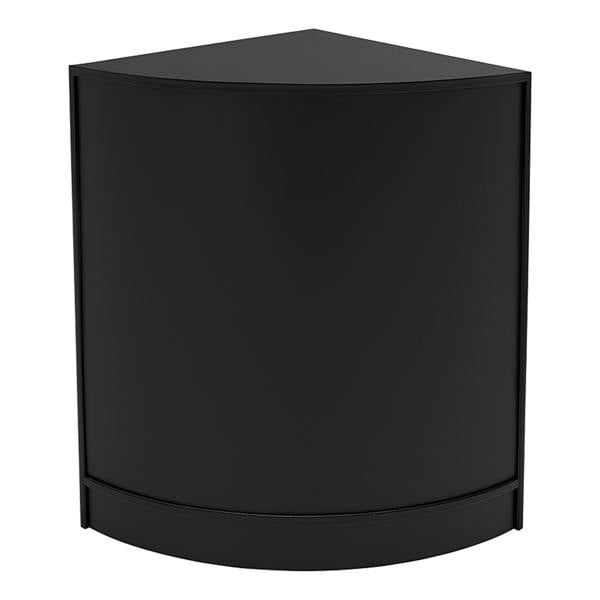Black corner display counter with a sleek, modern design, featuring a smooth finish and angular shape, ideal for retail spaces