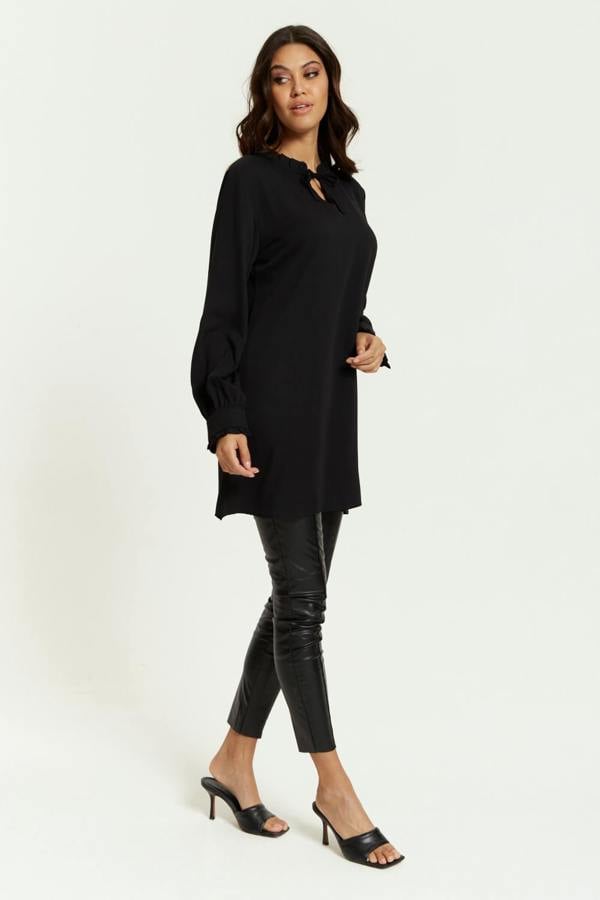 Hoxton Gal Oversized Tunic with Ruffle Neck Detailed in Black