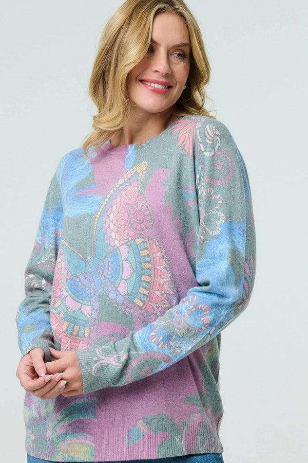 Blue | Abstract Print Stud Detail Knit Top
