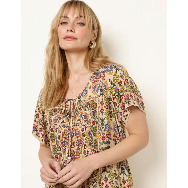 Blue Vanilla Paisley Print Embellished Tie Front Top