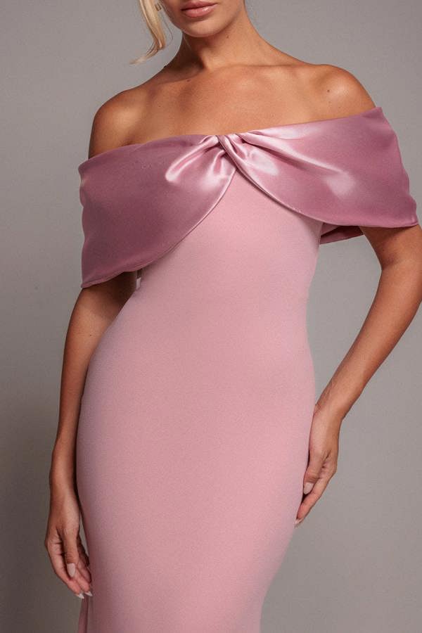 Twist Knot Satin & Scuba Bardot Maxi Dress - Blush Pink DR4575