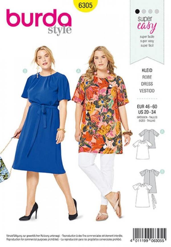 Burda Sewing Pattern 6305 Tops and Dresses For Women, 20 to 34 - Easy