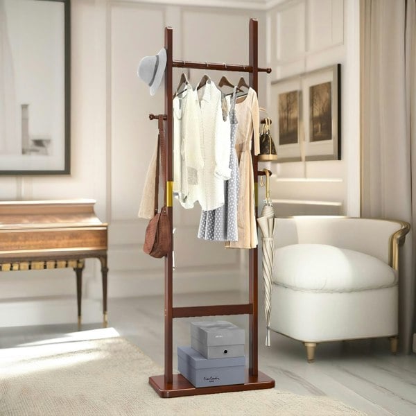 Rafaelo Mobilia Tall Wooden Coat Stand With 5 Hooks Dark Brown