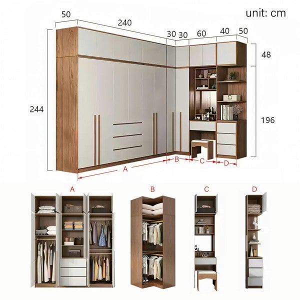 Bianchi Corner Wardrobe, L Shape Wardrobe With Dressing Table-Rit Concept-270cm + 130cm-Rit Concept