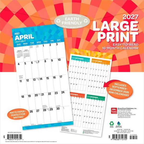 Large Print Calendar 2027, Wall Calendars, Month To View, Basics, Gift