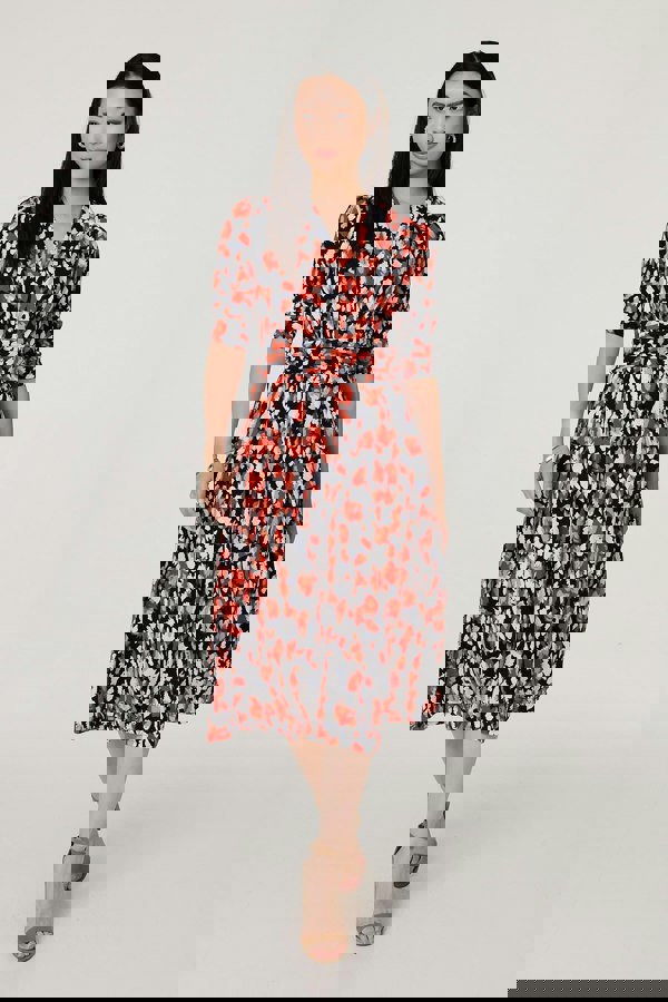 Orange | Printed 3/4 Sleeve V-Neck Midi Wrap Dress
