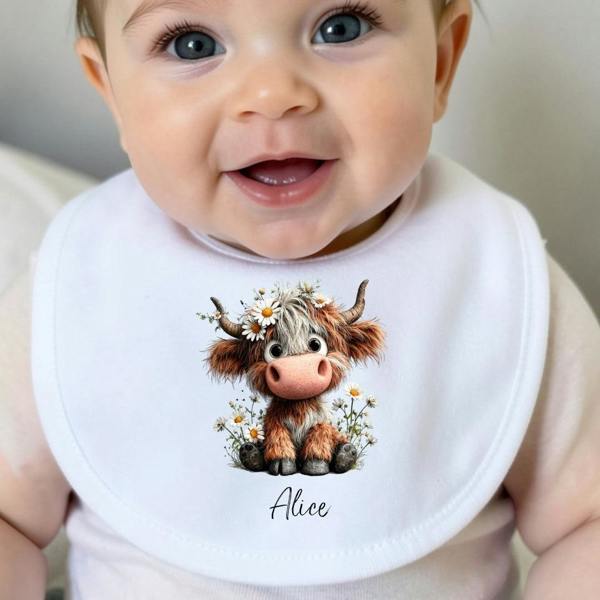 Personalised Daisy Highland Cow Baby Grow, Vest or Bib with Name