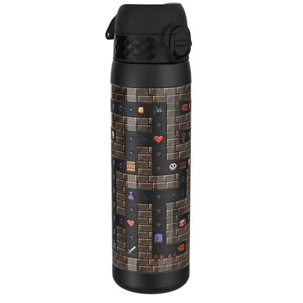 A black water bottle, featuring a pixelated video game maze design, stands against a white background. The design includes points and game characters.