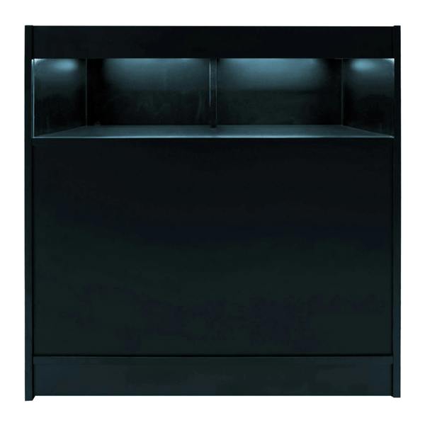 Theseus LED shop counter set in sleek black, featuring illuminated shelves and a smooth, modern design for retail displays