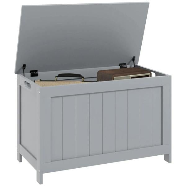 Grey storage chest with open lid and safety hinges, interior contents visible