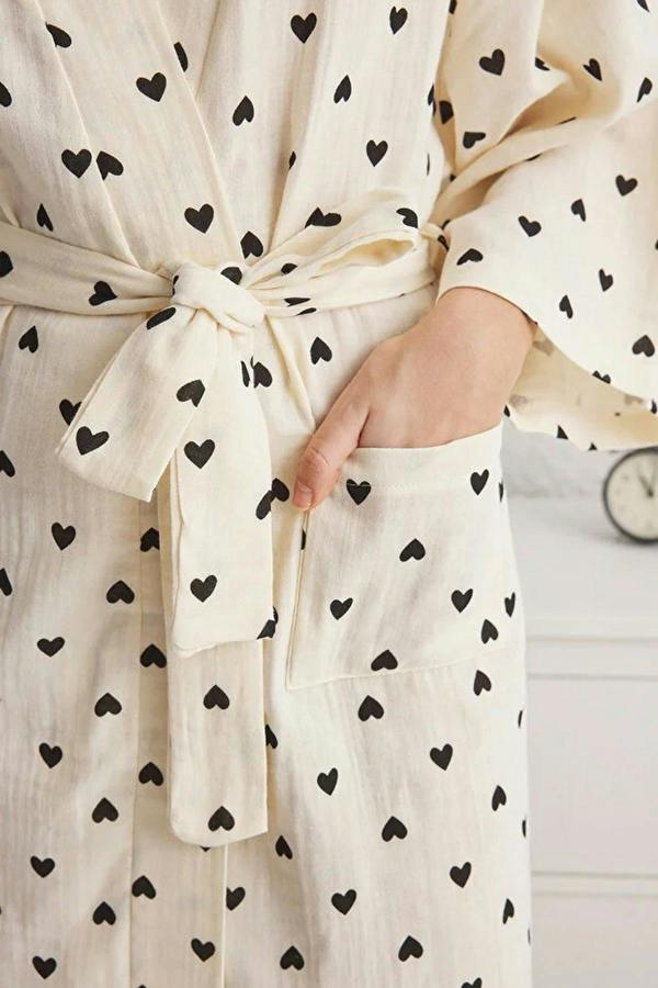 WOVCOR 100% Cotton Heart Print Belted Muslin Woven Dressing Gown