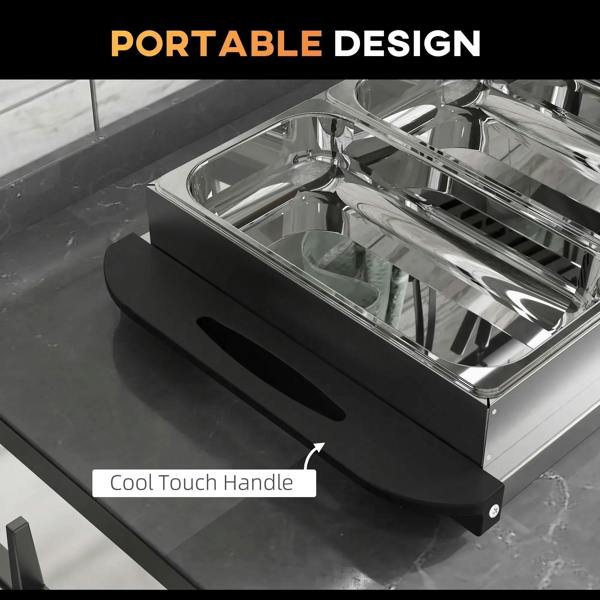 Silver electric food warmer with cool-touch handle and clear compartment warming pans