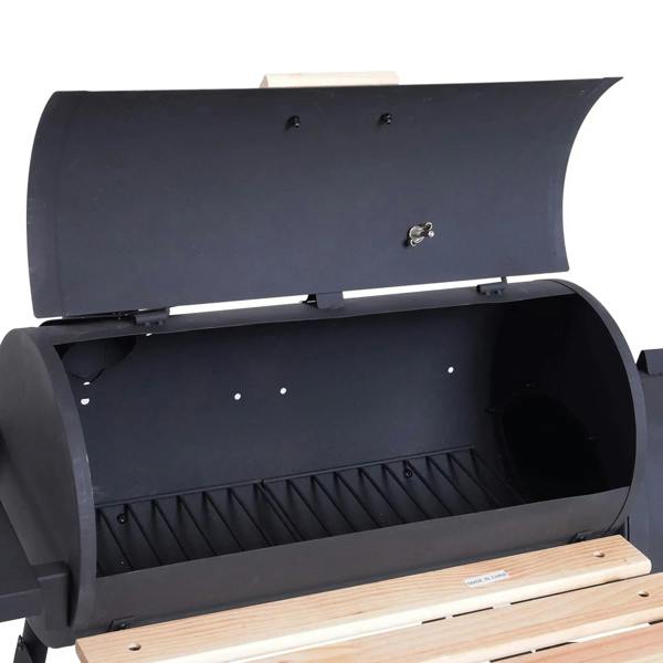 Black charcoal BBQ grill with open lid showing firebox grate and wooden front shelf.