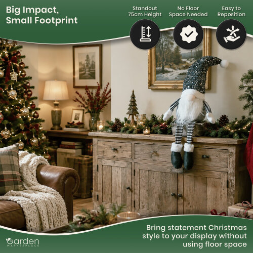 Large Grey Glam Christmas Gonk Figure, 75cm Sitting Decoration with Sparkly Sequined Hat, Soft Polyester Indoor Ornament