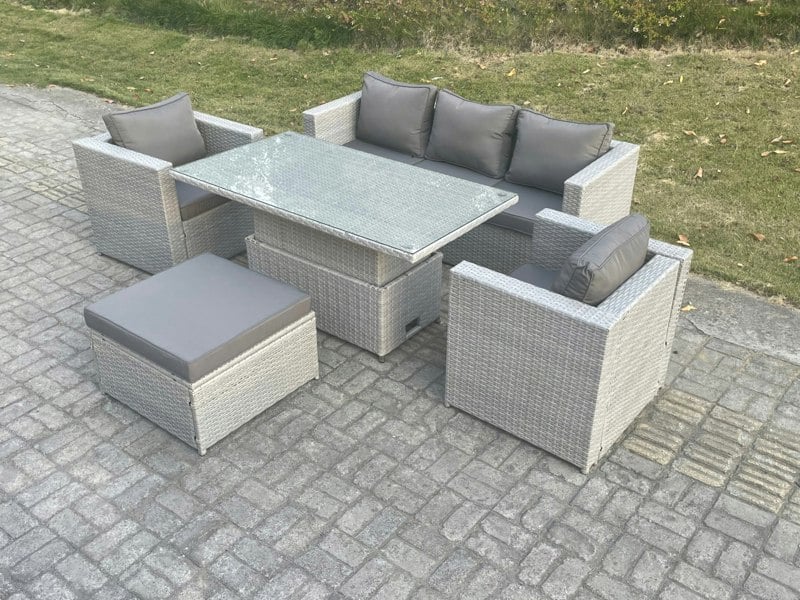 Fimous Rattan Garden Funiture Set Adjustable Rising Lifting Table Sofa Dining Set With 2 Arm Chair Big Footstool