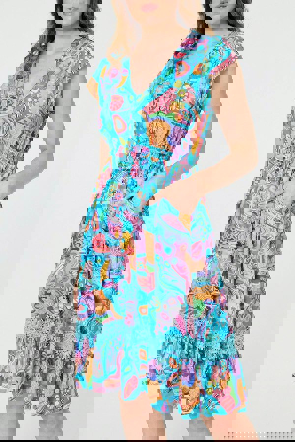 Blue | Abstract Shirred Lace Trim Midi Dress