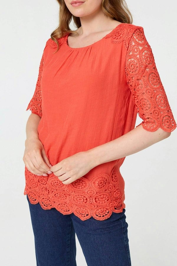 Orange | Lace Trim Semi Sheer 1/2 Sleeve Blouse