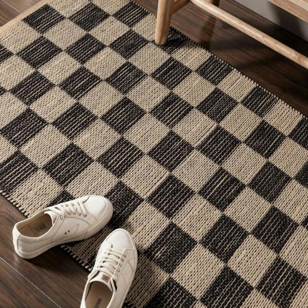 Handloom Jute Rug Natural White Black, Reversible, Long-lasting, checkerboard design.