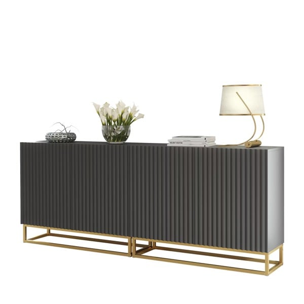 Mex Furniture Sophisticated Grey Sideboard with Fluted Fronts & Gold Legs – 200cm Storage Unit