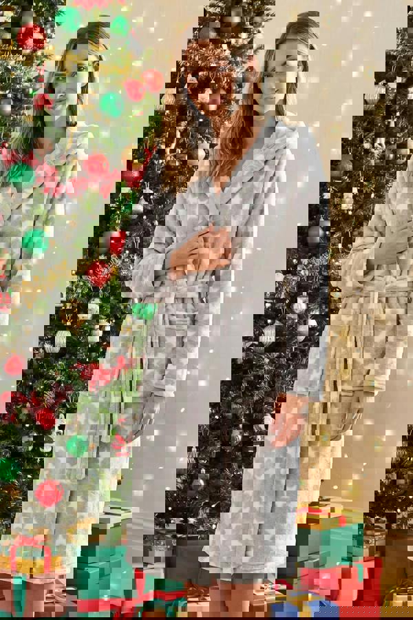 Camille Women's Grey Star Supersoft Fleece Hooded Calf Length Bathrobe