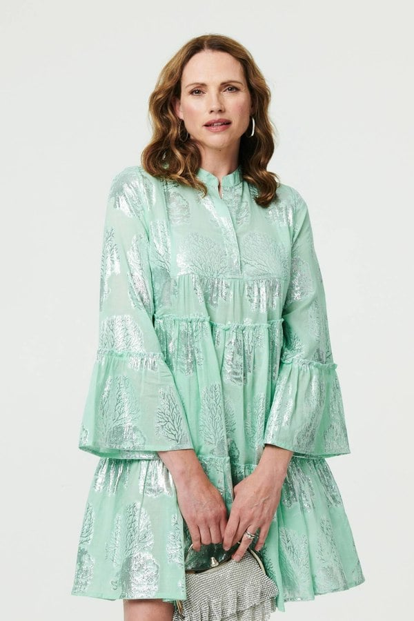 Light Green | Printed 3/4 Sleeve Tiered Short Dress
