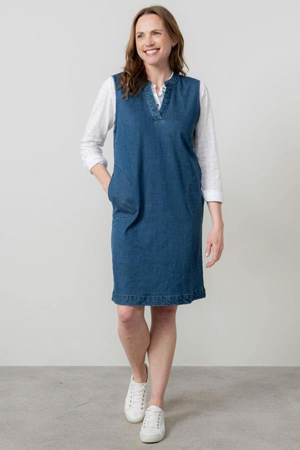 Lily & Me Belle Knee Length Denim Pinafore Dress Blue
