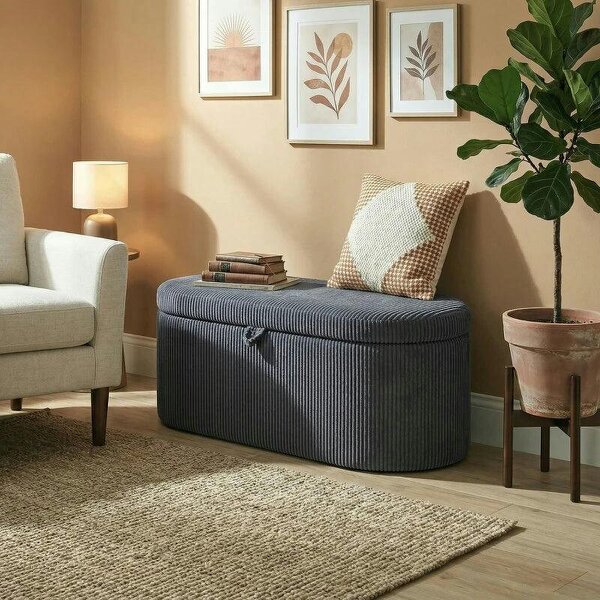 Storage Ottoman, Corduroy Upholstered Ottoman Storage Box with Padded Seat, 105 x 51 x 49 cm, Dark Grey