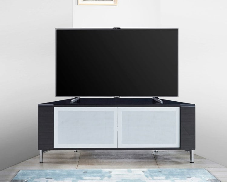 MDA Designs CORVUS Corner-Friendly Gloss Black Contemporary Cabinet with Black Profiles White BeamThru Glass Doors for Flat Screen TVs up to 50"