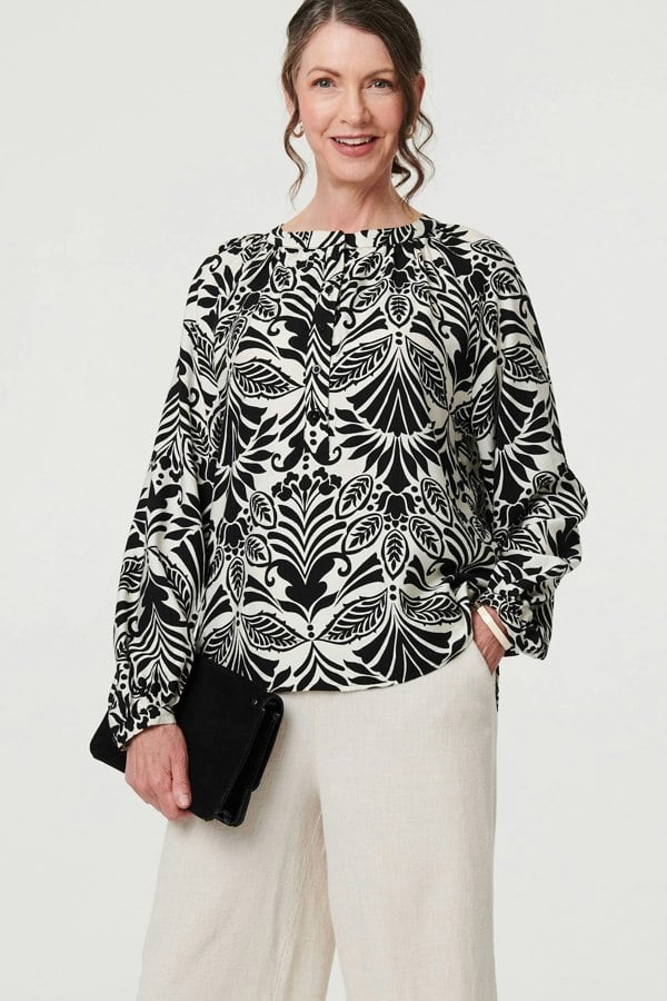 Black | Printed Long Sleeve Button Front Blouse
