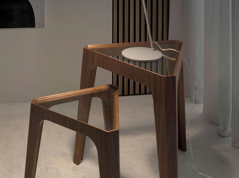 Angel Cerdá Triangular Corner Table in Tempered Glass and Walnut 2106