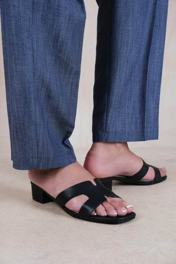 Where's That From Paris Cut Out Strap With Block Heel Sandals in Black