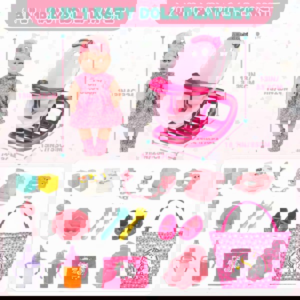 deAO Toys 2 in 1 Baby Doll Playset 20pcs Multi Functional Baby Doll Set Upgrade Baby Rocker Chair with Handbag Feeding Nursery Pretend Play Toy