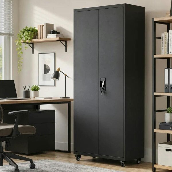 Metal Storage Cabinet, 180 cm Tall Lockable Steel Tool Cabinet with Removable Wheels and Adjustable Shelves, Black