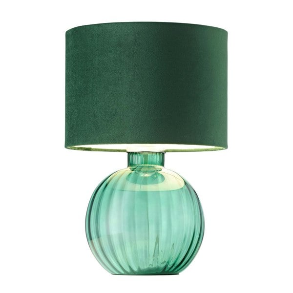 Contemporary Emerald Ribbed Glass Table Lamp with Forest Green Velvet Shade Image 2