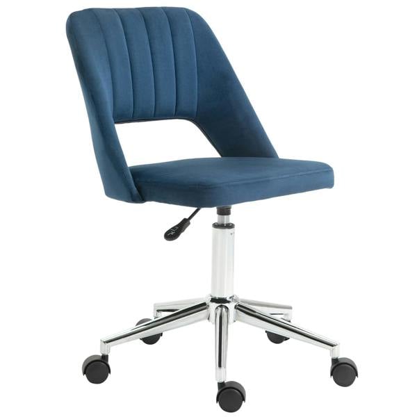 Dark blue armless velvet-look office chair with chrome caster base