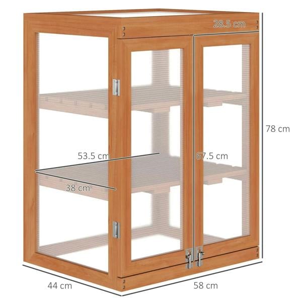 Wood greenhouse cold frame with clear polycarbonate panels and visible size dimensions