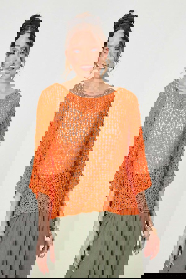 Orange | Crochet Knit Texture Batwing Sleeve Top
