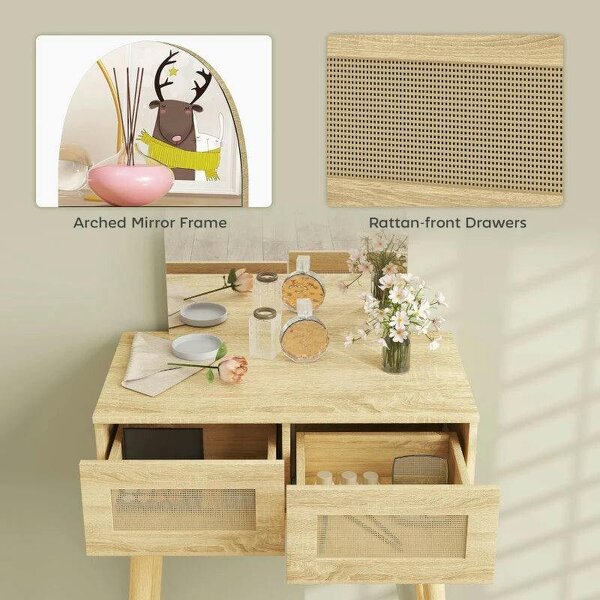 Dressing Table, Compact Vanity Desk with Mirror and 2 Drawers, Natural Wood Finish
