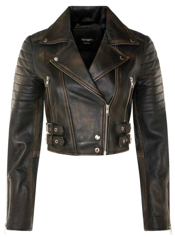 Womens Brando Cropped Leather Jacket-Longtown - Upperclass Fashions 