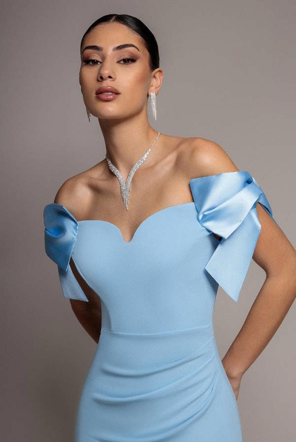Satin Bow Bardot Sheath Maxi Dress - Ice Blue DR4999