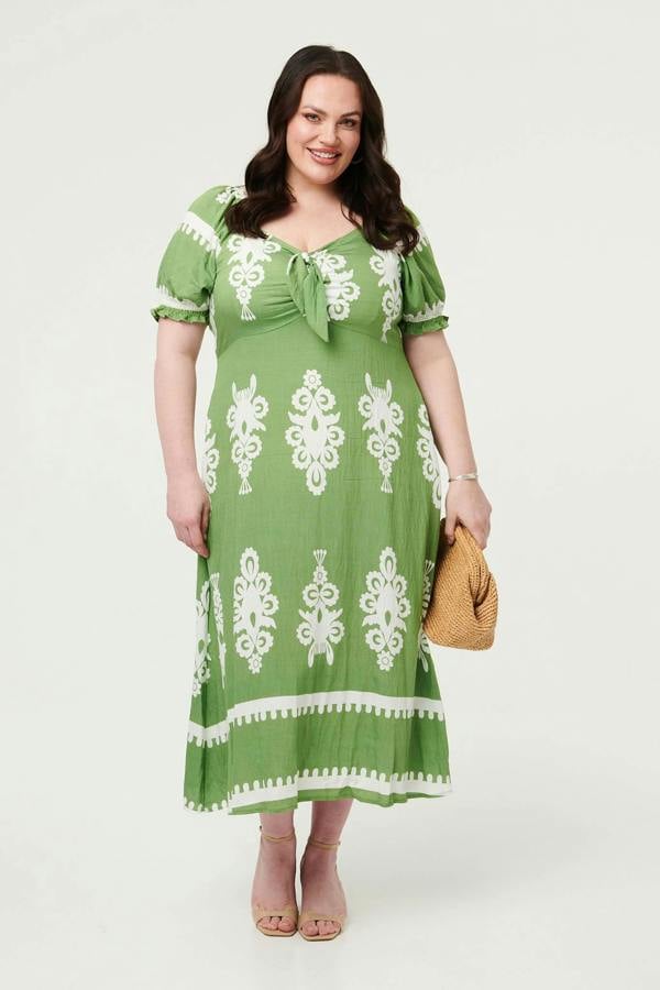 Green | Curve Printed Puff Sleeve Tie Midi Dress