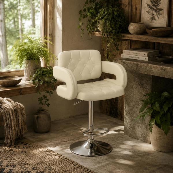 Wyld Haus Filena Faux Leather Beige Adjustable Swivel Bar Stool With Armrests And Footrest