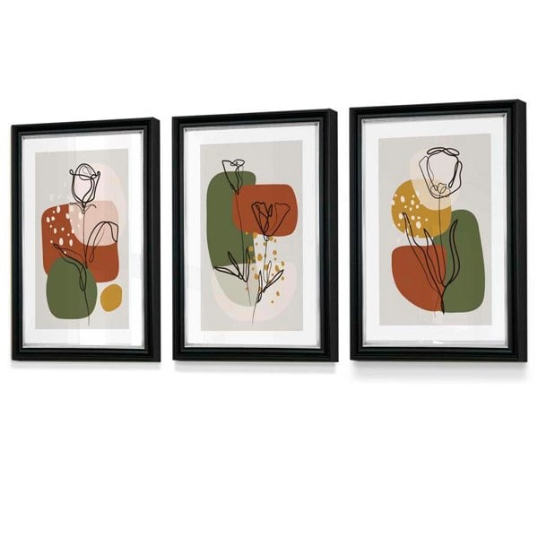 Artze Wall Art Floral Set of 3 Autumn Boho Framed Prints in Orange and Green
