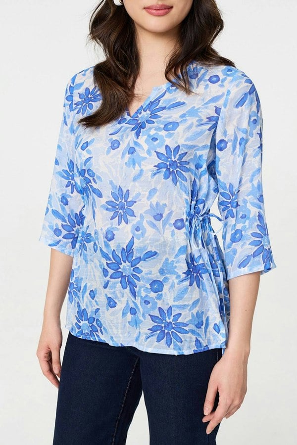 Blue | Floral 3/4 Sleeve Tie Detail Blouse
