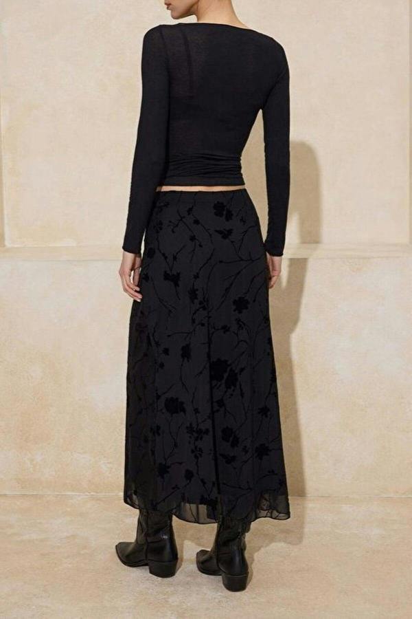 WOVCOR Pencil Maxi Tulle Flexible Knit Skirt with Flock Print